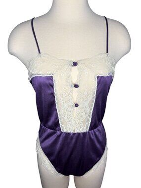 Vintage Sabrina for Mervyn's Purple Nylon Lace Detail Teddy Bodysuit Lingerie S